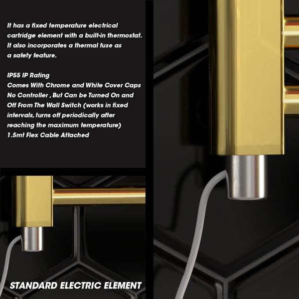 MYHOMEWARE 300 x 1200 mm Shiny Gold Electric Bathroom Towel Rail Radiator With Manual Electric Element Pre-Filled Standard Element