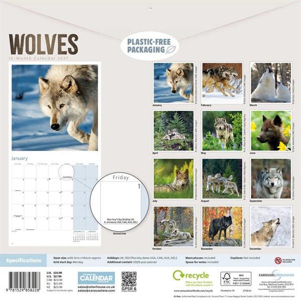 Wolves Calendar 2027, Wall Calendars, Month To View, Animals, Gift
