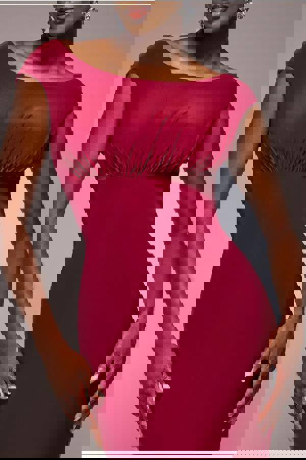 Open Back Cowl Neck Gathered Maxi Dress With Velvet Tie Back - Wine DR4856