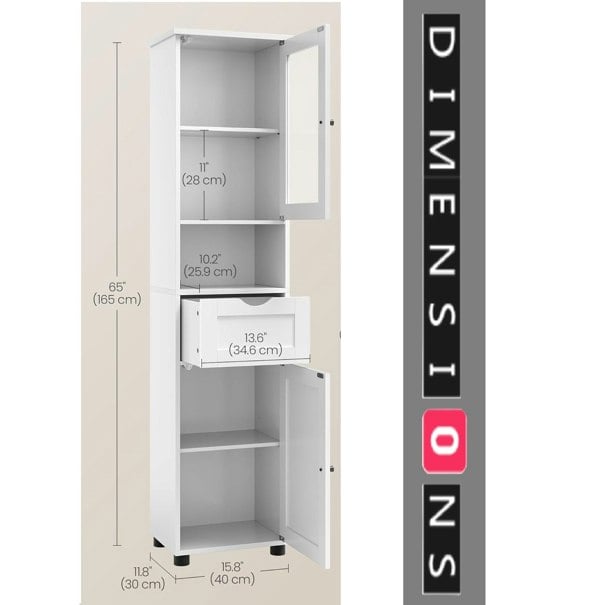 Modcraft Free-Standing Tall Bathroom Cabinet with Drawer, Glass Door & Open Shelf - Cloud White