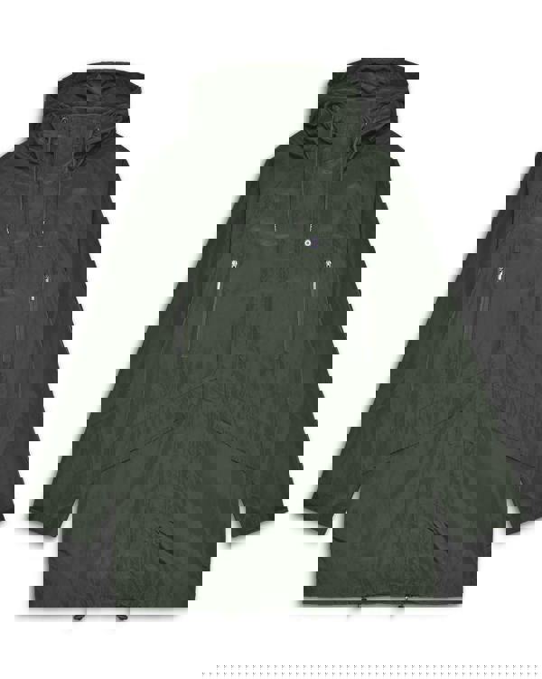 Lambretta Heaton Mens Shower-Resistant Mod Ska Hooded Lightweight Jacket Coat, front view showcasing dark green color, hood with drawstrings, zippered pockets, and lightweight design for outdoor weather protection.