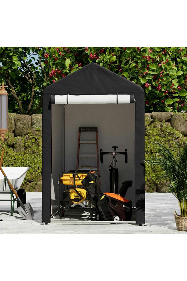 Living and Home 3x5FT/4x6FT Outdoor Storage Shed Bicycle Shelter with Waterproof Apex Roof and Roll-Up Door,Black