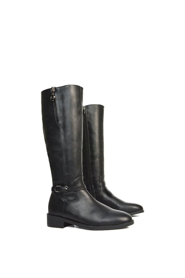 XY LONDON Knee High Boots Low Heel Zip Up Calf Riding Biker With Ankle Strap