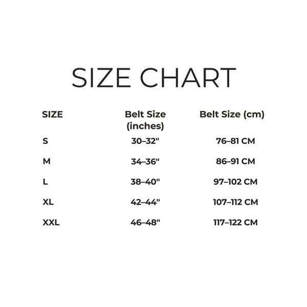 Size chart for belt sizes in inches and centimeters on a white background