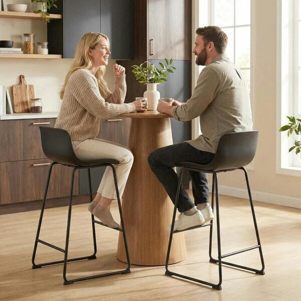Modern Bar Stools Set of 2, PU Leather Barstools, Counter Height Kitchen Chairs for Breakfast Bars, Dining Room, Black