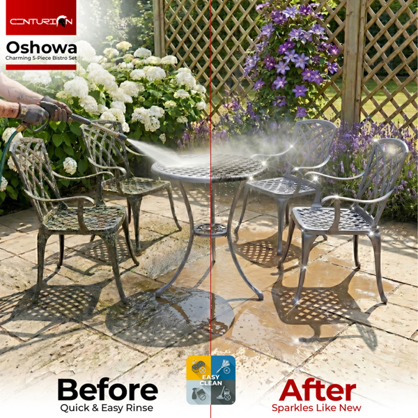 Centurion Supports OSHOWA Luxurious Garden and Patio Table and 4 Large Chairs with Armrests Cast Aluminium Bistro Set - Grey with Green Cushions