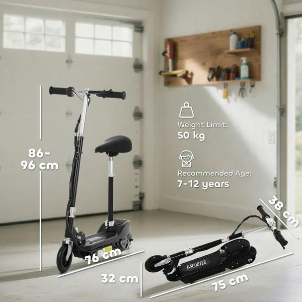 Black powered e-scooter with padded seat and handlebars, size layout shown.