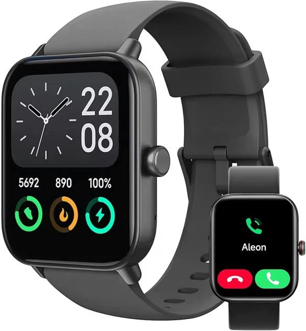 ATEK 1.8 Inch Smart Watch Alexa Calls Fitness Heart Rate Black