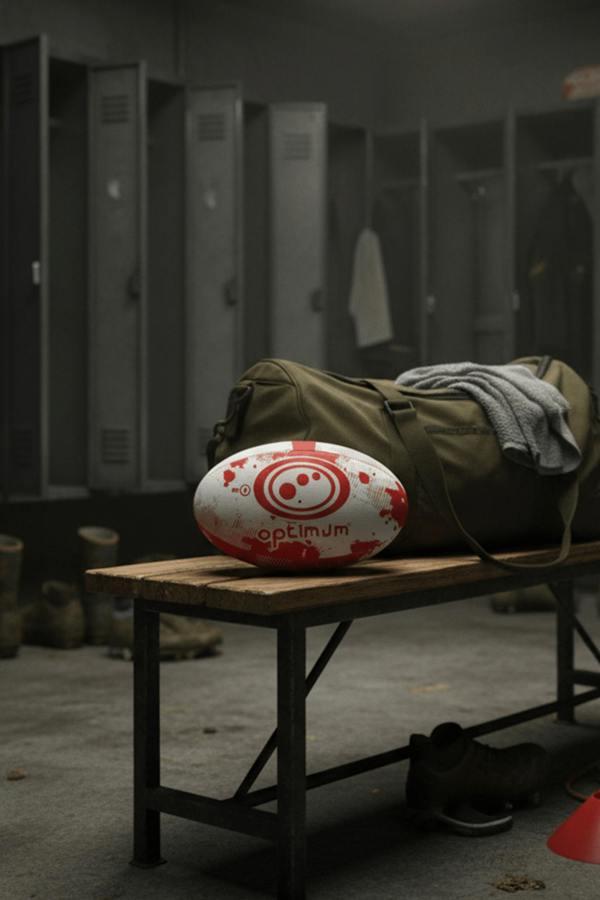 White and red Optimum England rugby ball with red logo on a bench by a kit bag in a changing room - Optimum