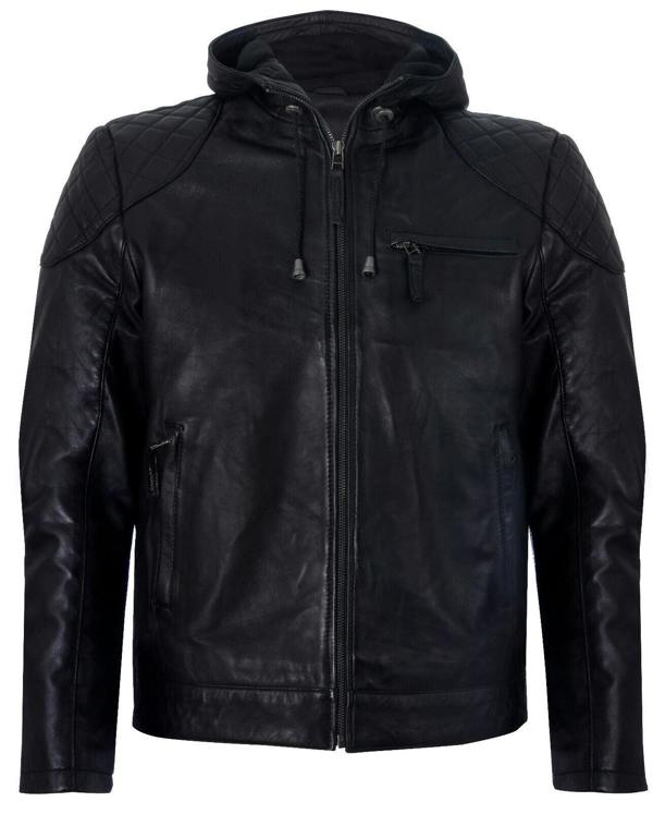 Infinity Leather Mens Black Vintage Zipped Leather Hooded Bomber Biker Jacket
