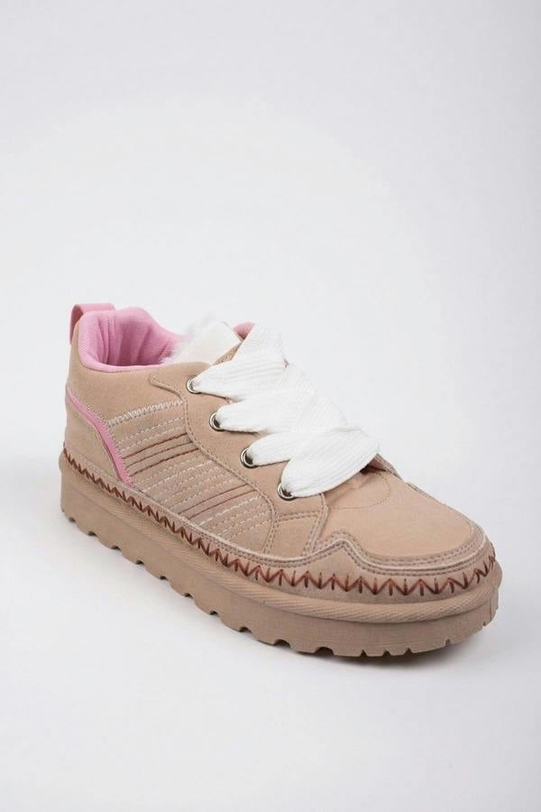 Pearl Faux Suede Platform Trainers - Beige