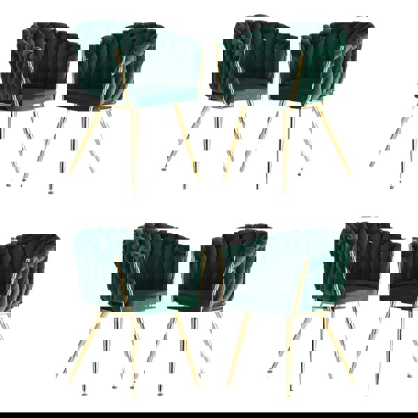 Life Interiors Set of 4 Roma Knot Velvet Armchairs with Gold Metal Legs, Modern Tufted Design for Living Room