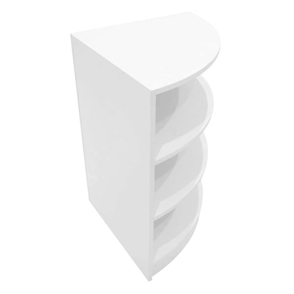 Curved white LED shop counter with four open shelves, designed for modern retail displays and efficient organization