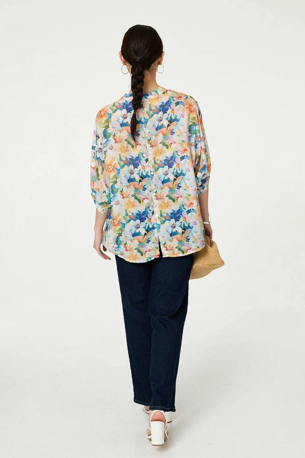 Blue | Floral 3/4 Sleeve Relaxed Button Blouse