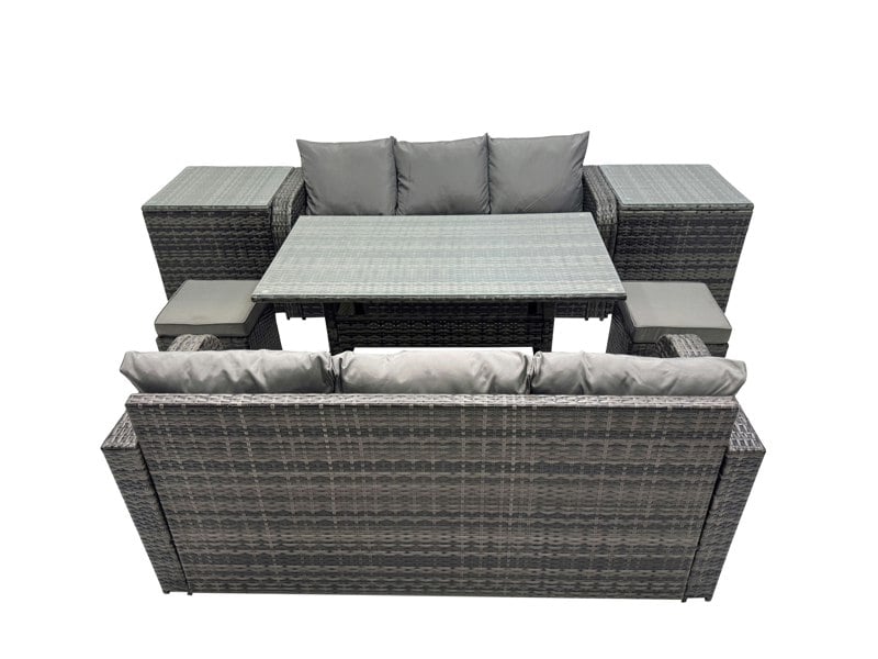 Fimous 8 Seat Outdoor Wicker PE Rattan Garden Furniture Set Dining Table Sofa Set with 2 Small Stool 2 Side Tables Dark Grey Mixed