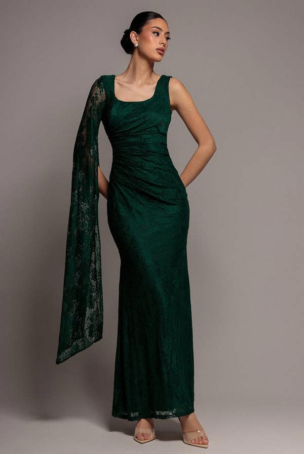 One Shoulder Cape Sleeve Pleated Lace Maxi Dress - Emerald Green DR5065