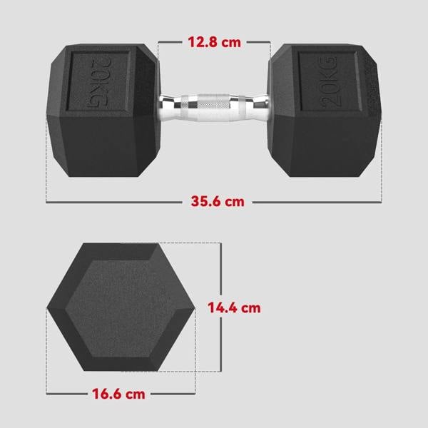 Black hex rubber dumbbell shown with size layout and 20 kg markings