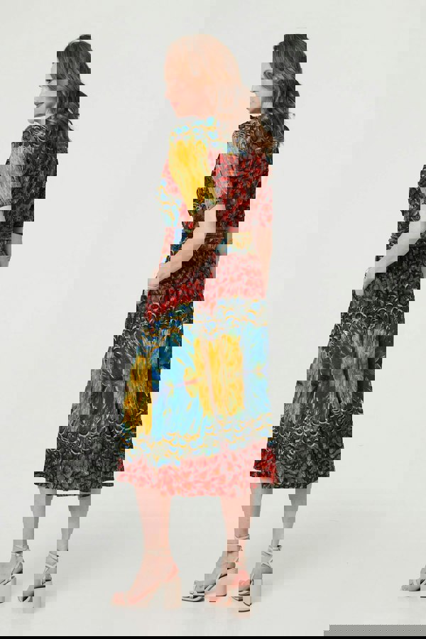 Blue | Printed Ruched Waist Faux Wrap Midi Dress