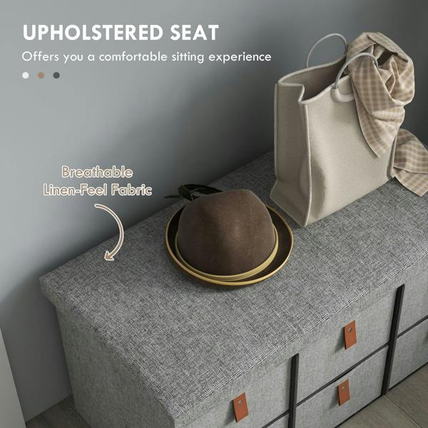 Light grey upholstered seat shoe storage bench with six fabric drawers and brown PU handles