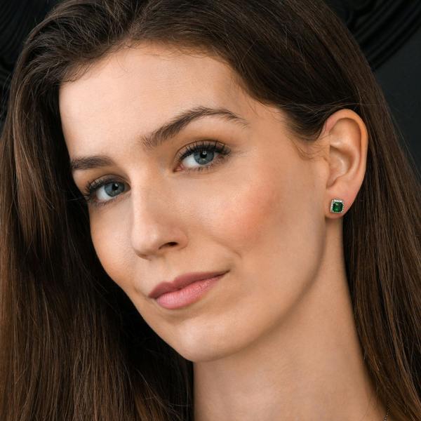 namana 925 Sterling Silver Square Shaped Green Halo Stud Earrings for Women