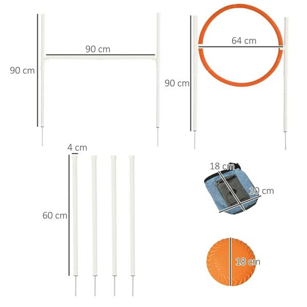 Dog agility training equipment set with white weave poles and orange hoop jump plus pouch