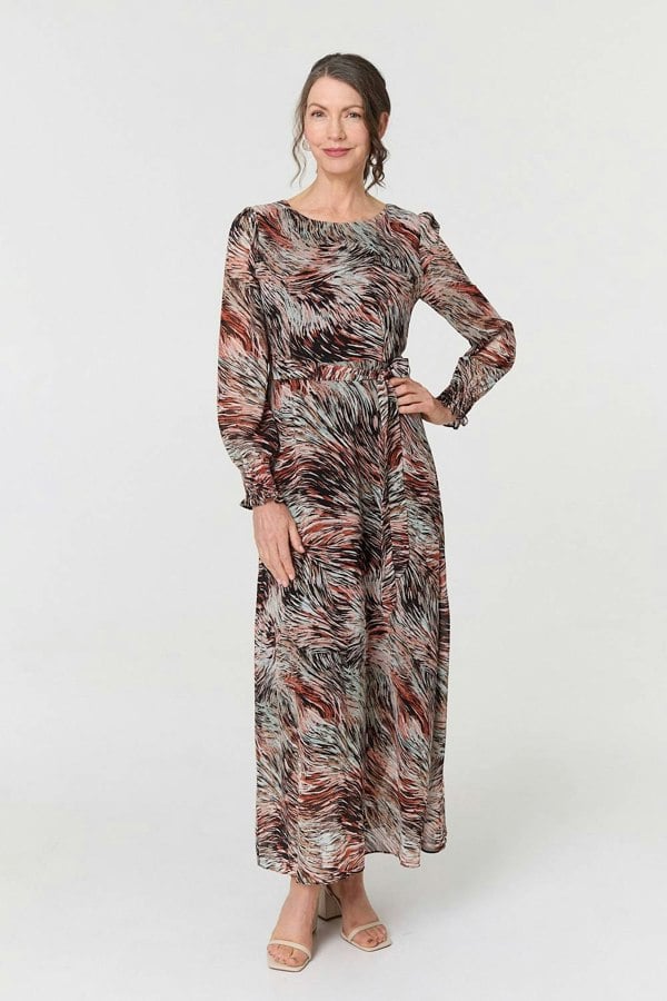 Orange | Printed Tie Waist Long Sleeve Maxi Dress
