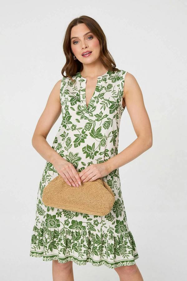Green | Leaf Print Knee Length Sleeveless Dress