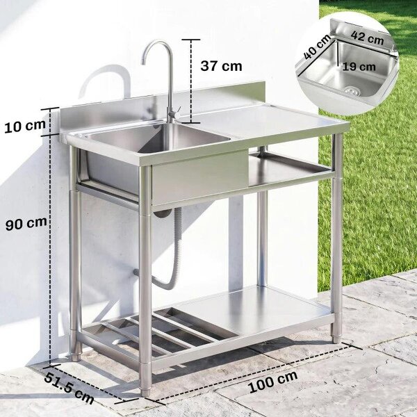 Outdoor Stainless Steel Kitchen Sink, Freestanding Sink Single Bowl with Cold and Hot Water Pipe and Storage Shelves