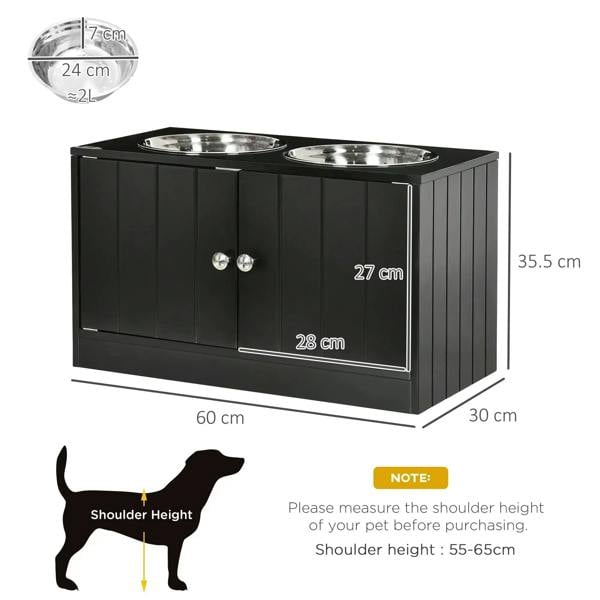 Black raised pet feeder cabinet with two stainless steel bowls on top and double doors.