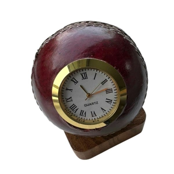 CRICKET-GIFTS - Quartz Cricket Ball Clock | Unique Sporting Design | Durable Leather & Brass | Precise Timekeeping | Red, One Size, Wood