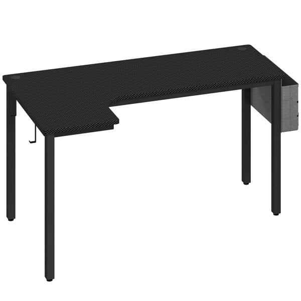 Black L-shaped computer gaming desk with textured tabletop and sturdy legs