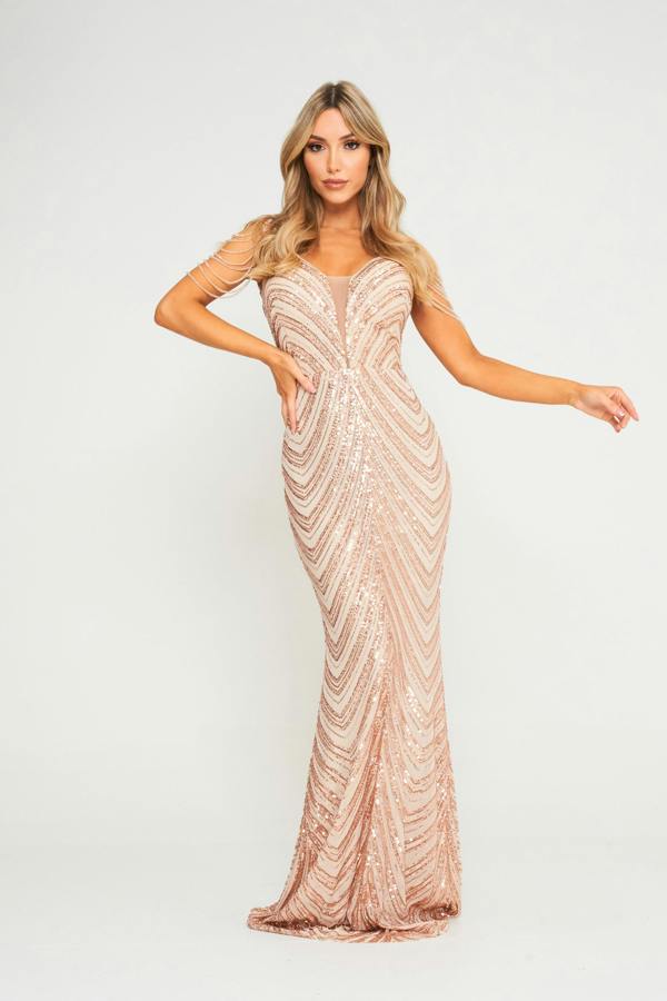 LuvForever Celina - Champagne Sequin Maxi Dress