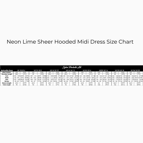 Neon Lime Sheer Hooded Midi Dress Size Chart