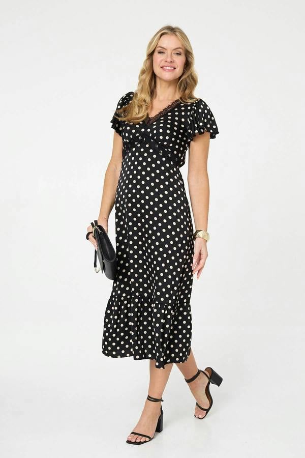 Black | Polka Dot Lace Trim Empire Midi Dress : Model is 5'10"/178 cm and wears UK8/EU36/US4/AUS8