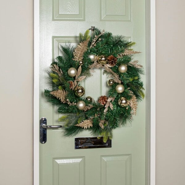 Samuel Alexander 60cm Hanging Christmas Wreath with Gold Baubles, Pinecones & Glitter Berries