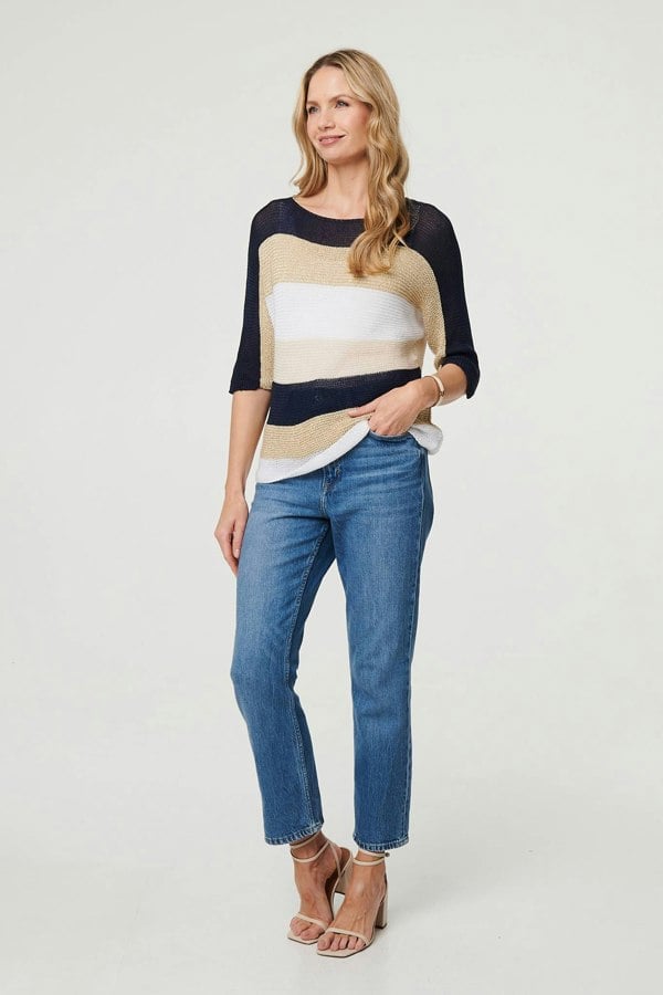 Navy | Striped 3/4 Sleeve Mesh Texture Jumper
