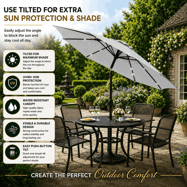 GlamHaus Garden Parasol Solar LED 2.7M ,Tilting Table Umbrella with Crank Handle, Protection UV40, Includes Parasol Cover- Grey