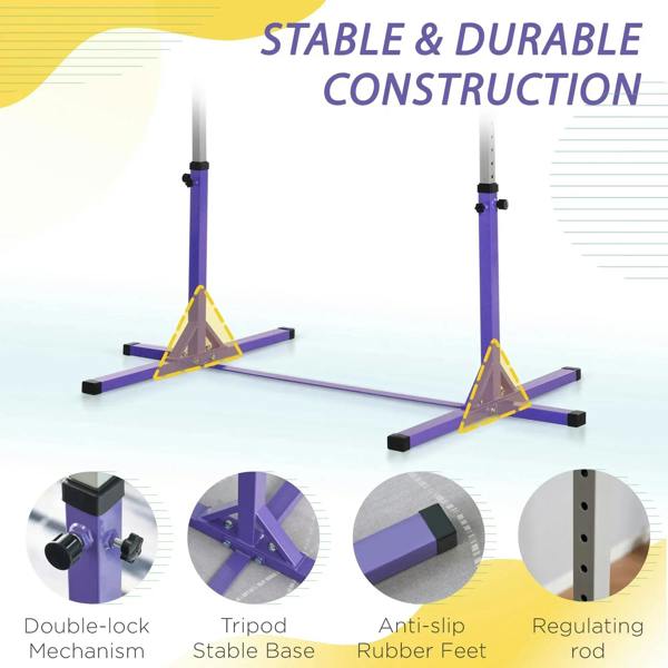Purple adjustable gymnastics bar with anti-slip rubber feet and stable wide base