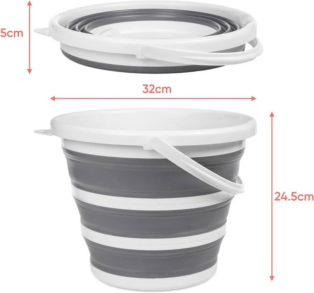 An infographic depicting the sizes of the 10L Collapsible Folding Bucket by OLPRO on a white background.