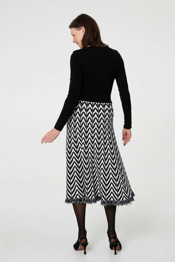Black | Chevron Print Fringed Knit Midi Skirt
