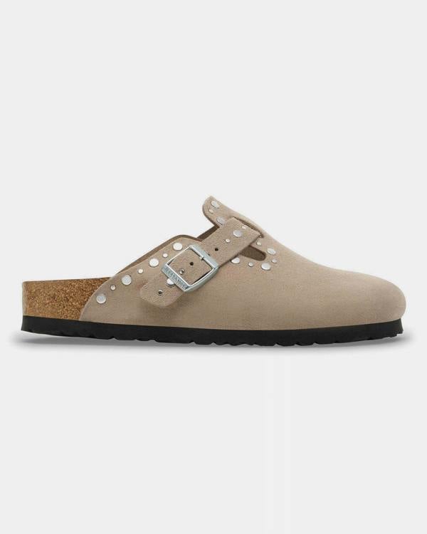 Birkenstock Boston Rivet Suede Leather Womens Clogs - Taupe | CHO | Designer Womens Clogs