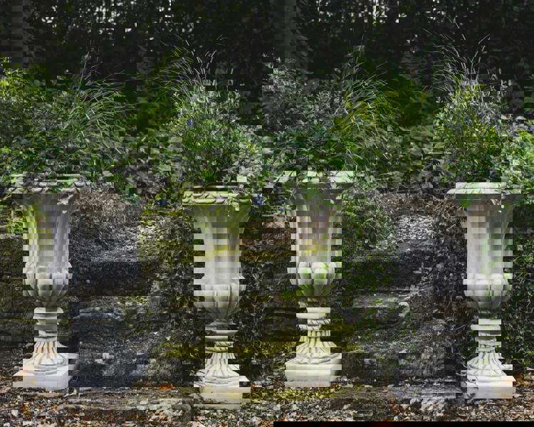 Pair of Large Flute Stone Garden Vases