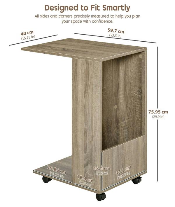 ADOV C Shaped Side Table with Wheels, Industrial Sofa End Table with Open Storage for Living Room and Bedroom