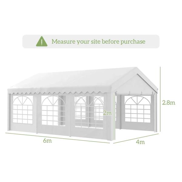 White gazebo with scalloped roof trim, grid windows, and side entrance bay
