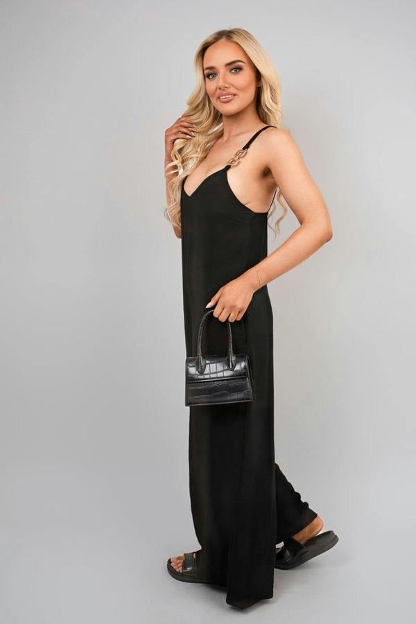 Yalina Scoop Neck Wide Leg Sleeveless Jumpsuit With Strap Detail - Black