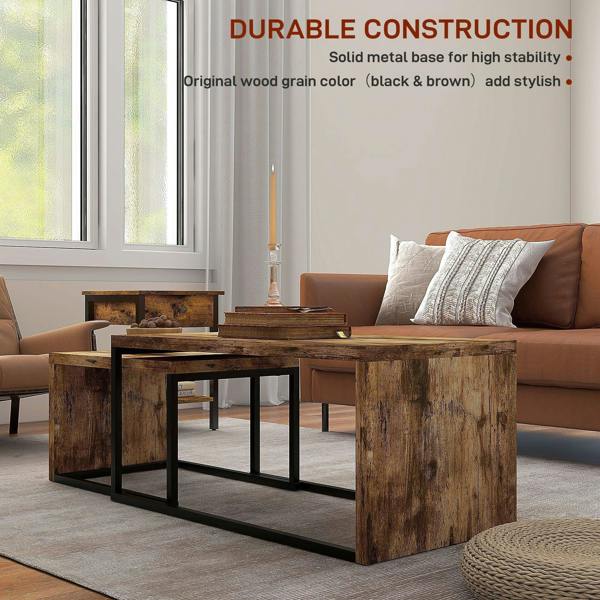 Rustic brown coffee table with black metal frame and open lower shelf