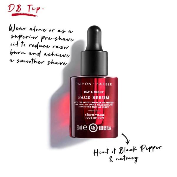 Daimon Barber Face Serum bottle with DB Tip text on white background