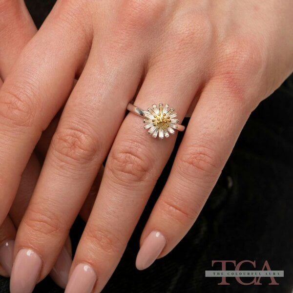 The Colourful Aura Silver Sunflower Daisy Tiny Slim Adjustable Floral Stackable Ring - Large Flower