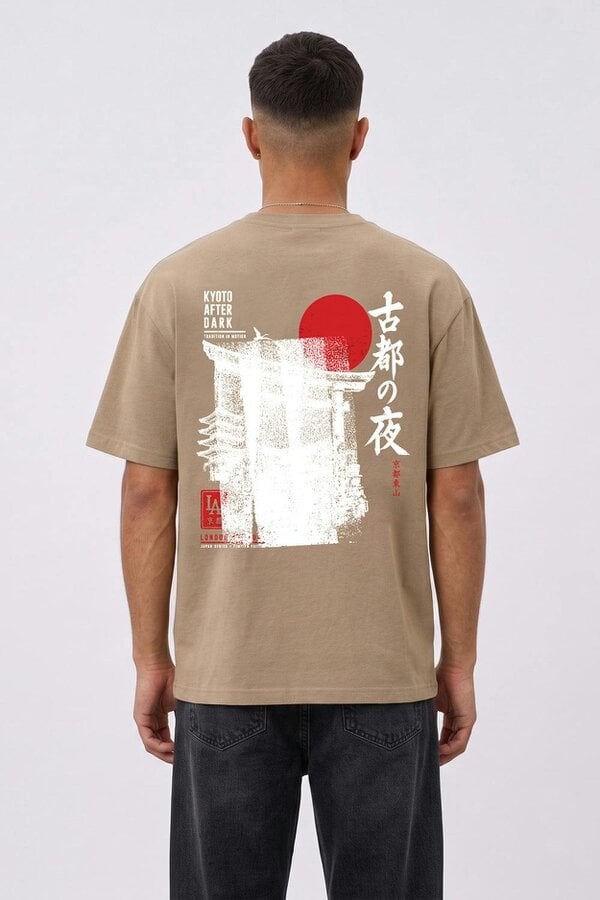 London Attitude Kyoto After Dark Oversized Heavyweight Japanese Graphic T-Shirt - Sand