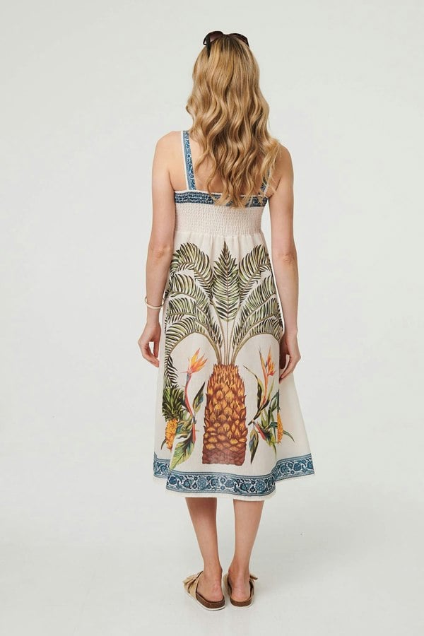 White | Tropical Print Sleeveless Midi Dress
